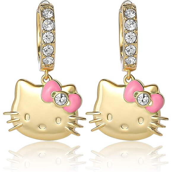 Jewelry - Hello Kitty Gold Hoop Earrings with Pave Crystals, Pink Enamel Bow, 18k Gold Fin